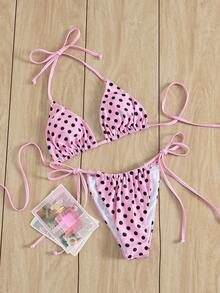 Swim Mod Summer Vacation Colorblock Polka Dot Print Halter Tie 2 Pieces Bikini Set - Multicolor - View 5