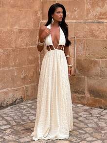 Aloruh 女士新款纯白色度假波西米亚风春夏露背深V领串珠纹理面料A字连衣裙 - 白色 - 查看 1