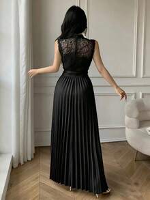 Celisse White Lace Patchwork Pleated Elegant Dress For Women - Black - View 2