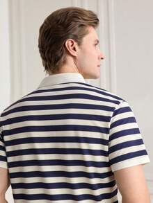 Officeau Knitted Men's Striped Polo Shirt - Fashionable & Comfortable - Knitted - Navy Blue - View 3