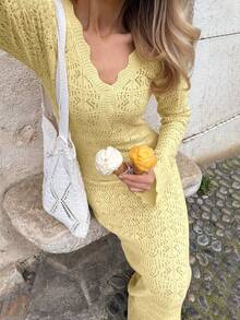Selianne Spring/Summer Elegant Slim Fit Hollowed-Out Textured Flared Sleeves Yellow Wavy Trim Women's Maxi Beach Vacation Long Sweater Dress - Yellow - View 3
