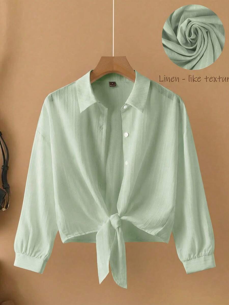 SHEIN Franclia 女士休闲度假日常穿着纹理梭织面料领衬衫，下摆系带，适合通勤和外出穿着 - 綠色 - 查看 1