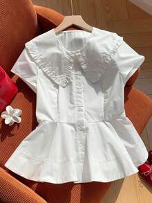 Comfortcana Damen weiße elegante Sommer-Teeparty-Bluse, 20% Baumwolle, großer Kragen, Rüschenkante, Taillenfalte, französischer Stil Rüschenbesatz Oberteil für Business, Hochzeit und Party - Weiss - Übersicht 6