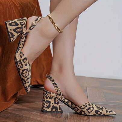 Sandalias de tacón grueso con estampado de leopardo, punta afilada y tobillera ajustable, calzado de fiesta para mujer