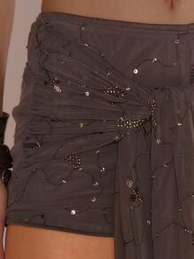 MUSERA Quần short siêu ngắn thêu sequin xếp ly, thích hợp cho kỳ nghỉ hè, đi biển, Ibiza, lễ hội, thanh lịch, trăng anh đào. - Xám - Xem 5