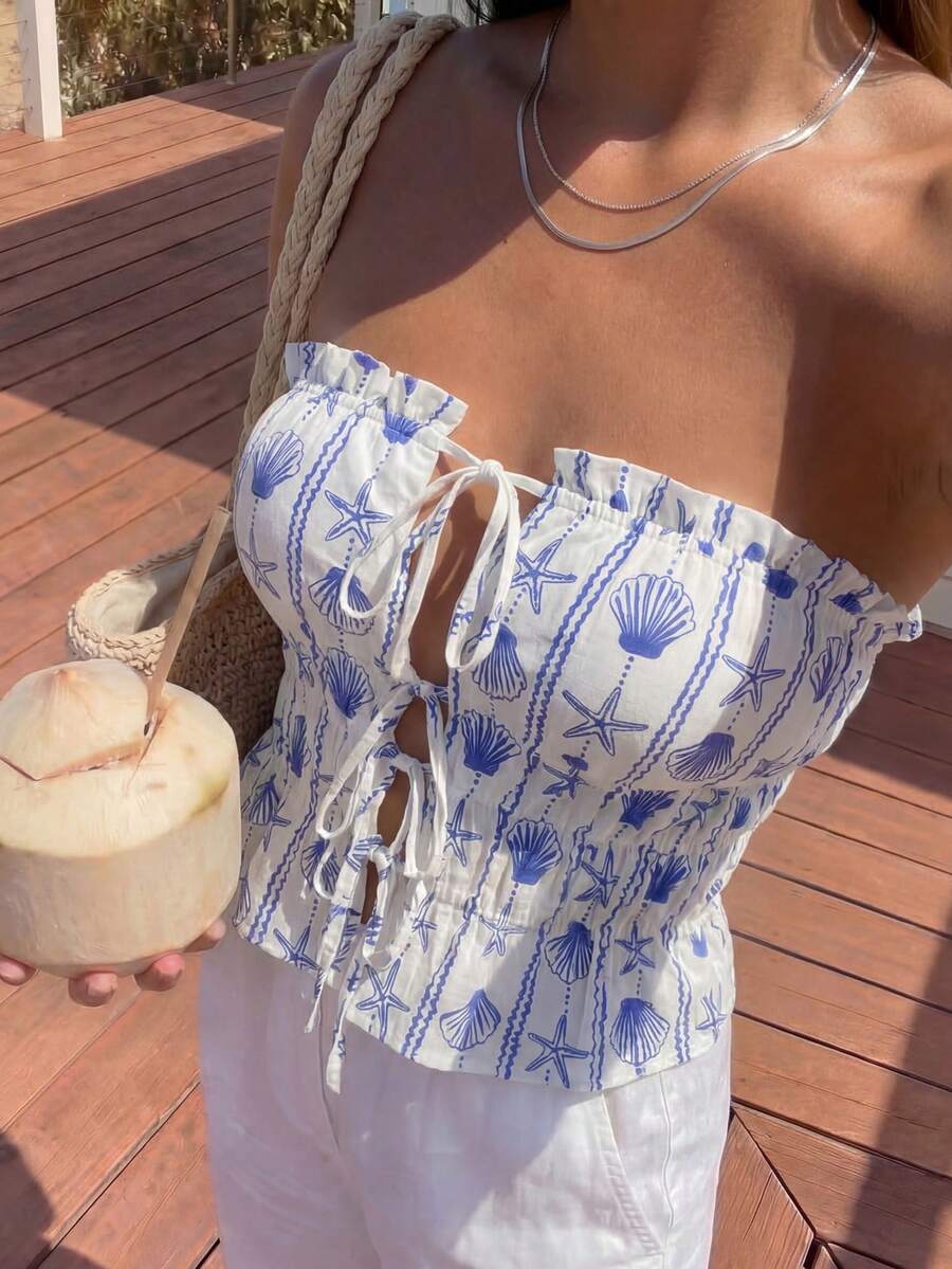 Sunnyshic Áo croptop không dây vai, hở trước, buộc dây sau, xếp ly ở gấu áo, chất liệu vải lanh, in họa tiết sọc sao biển và vỏ sò màu xanh dương, thích hợp cho nữ mùa xuân/hè, đi nghỉ mát, đi biển, phong cách boho, thanh lịch, ngọt ngào, dễ thương, tối giản, retro, thường ngày, hẹn hò, đa năng. - Màu xanh lam - Xem 1