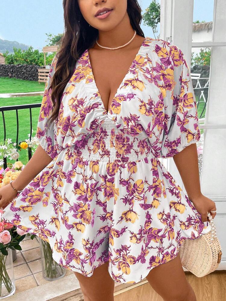 Flirla Plus Size Floral Print Batwing Sleeve Jumpsuit - Multicolor - View 1