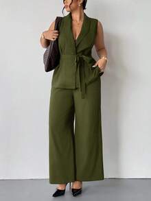 Firerie Plus Size Women Solid Color Shawl Collar Belted Sleeveless Blazer And Pants Casual Commuter 2 Pieces Set Brown Jumpsuit Women Plus Size Formal Jumpsuit Brown Two Pieces Set Women 2 Piece Sets Woman Classy Maternity Clothes Two Pieces Suits Autumn Winter Clothes For Women - Green - View 7