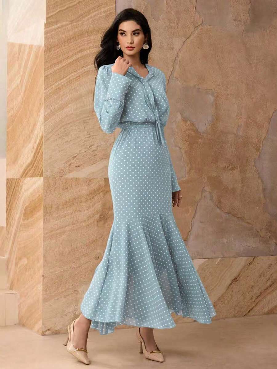 Graceveil Đầm nữ kiểu Pháp, eo cao, thắt eo - Màu xanh bụi bặm - Xem 1