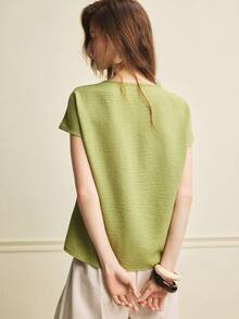 Écloséra French Retro Casual Embroidered V-Neck Batwing Short Sleeve Loose Blouse, Spring/Summer Women Shirt, Vacation Style Casual Top, Summer Women Shirt, Summer Women Clothing, Green Embroidered Wrinkle Texture Blouse - Green - View 7