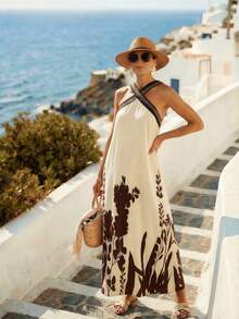 Pariaura Vintage Elegant Brown And Cream Botanical Print Maxi Dress,Cross Decorated Strap Sleeveless Loose Summer Boho Vacation Holiday Sweet Chic Retro Dress - Apricot - View 1