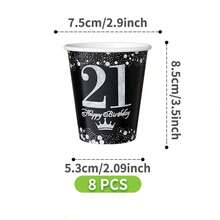 黑色背景21岁生日星空主题一次性餐盘、餐巾纸和杯子套装，可供8位客人使用。这款一次性派对用品套装（包括餐盘、餐巾纸和杯子）非常适合生日派对、婚礼和家庭野餐。 - 查看 9