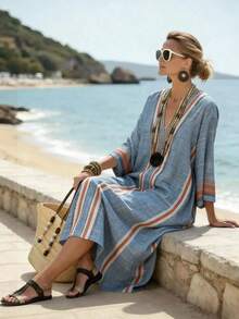 EMERY ROSE 优雅宽松的夏季连衣裙，采用大块梭织面料制成，波西米亚风长款连衣裙，女士夏季休闲长款连衣裙 - 藍色 - 查看 3