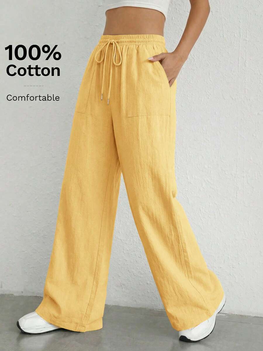 SHEIN EZwear 女士轻薄宽松休闲裤，浅黄色，春夏款 - 鵝黃色 - 查看 1