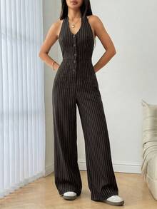 Flirla Women's Summer Casual Vacation & Commute Striped Print Backless Tie-Front Wide Leg Jumpsuit - Rust Brown - View 3