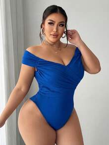 SHEIN SXY 大码女士性感露肩交叉褶皱连体衣，适合街头、休闲、性感、日常旅行、购物、约会等场合，穿着清爽舒适，易于搭配，显瘦，凸显身材，修饰身形。 - 藍色 - 查看 4