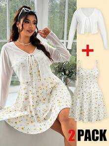 GalTyme White Cardigan & Ditsy Floral Slip Dress 2 Pieces Set, Plus Size - Multicolor - View 1