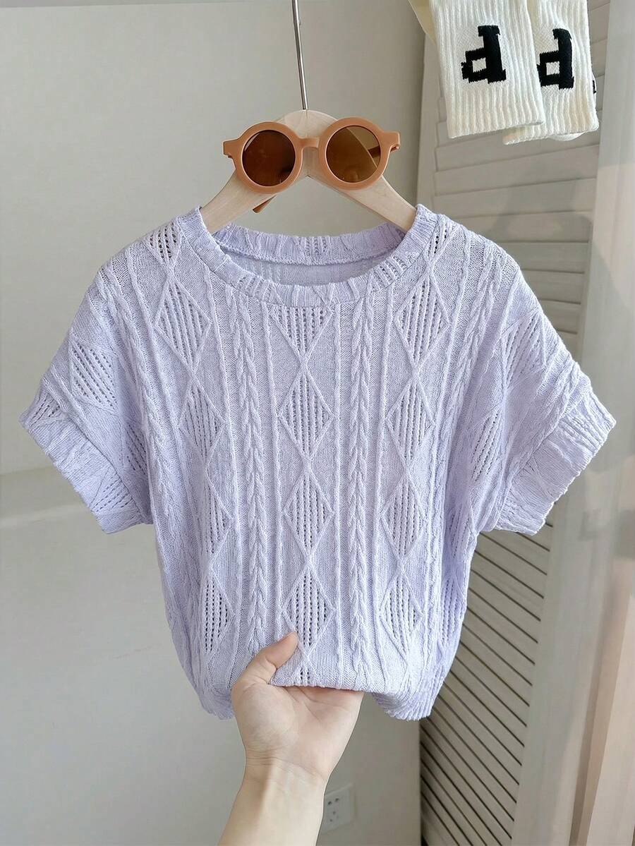 SHEIN Áo thun tay ngắn cổ tròn dáng rộng thoải mái cho bé gái tuổi teen, chất liệu vải có họa tiết. - Màu tím hoa cà - Xem 1