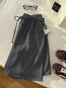 Comfortcana Deep Grey Plus Size Elastic Waist Drawstring Casual Summer Versatile Shorts - Dark Grey - View 2