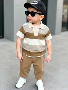 2 piezas Conjunto de camisa polo a rayas y pantalones de cintura elástica para niño pequeño, estilo urbano casual, adecuado para fiesta de cumpleaños, fiesta de noche, actuación, boda, baby shower, celebración del 1er cumpleaños - Multicolor - Ver 1