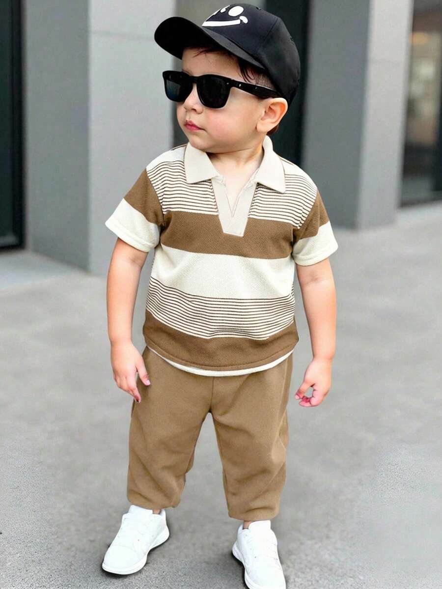2 piezas Conjunto de camisa polo a rayas y pantalones de cintura elástica para niño pequeño, estilo urbano casual, adecuado para fiesta de cumpleaños, fiesta de noche, actuación, boda, baby shower, celebración del 1er cumpleaños - Multicolor - Ver 1
