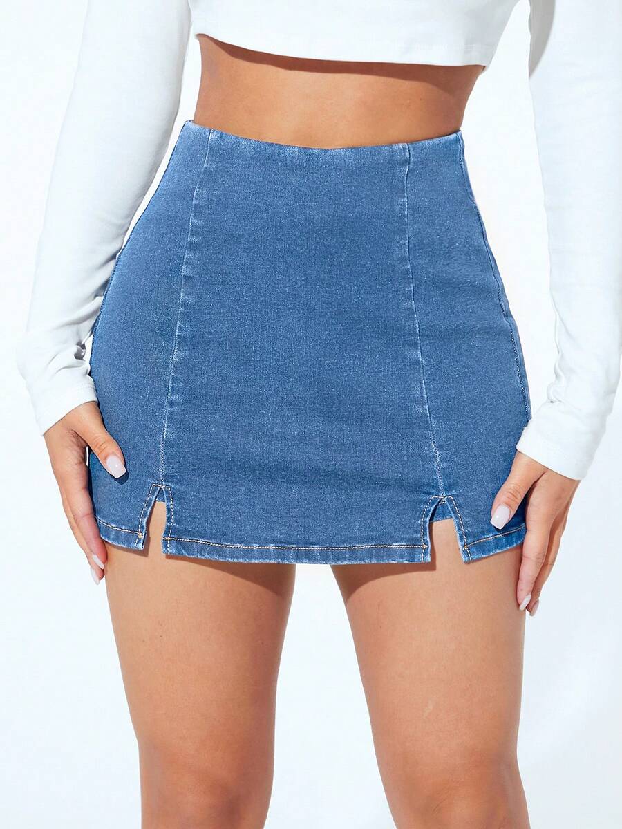 SHEIN PETITE 下擺開叉牛仔裙褲 - 中等水洗藍 - 查看 1