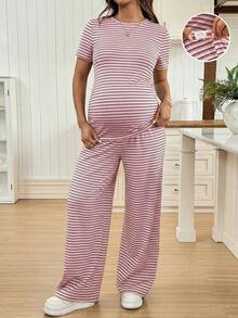 SHEIN 2pcs Maternity Casual Commuting Striped Print Short Sleeve T-Shirt And Adjustable Waist Wide Leg Pants Set, Spring/Summer/Autumn - Pink - View 3