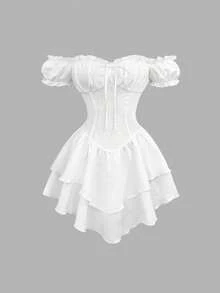 Sweetra Vestido corto romántico y dulce para mujer, con hombros descubiertos, mangas abullonadas, cintura con cordón, bajo asimétrico con volantes, elegante y refinado vestido blanco para fiestas y citas en primavera/verano - Blanco - Ver 1
