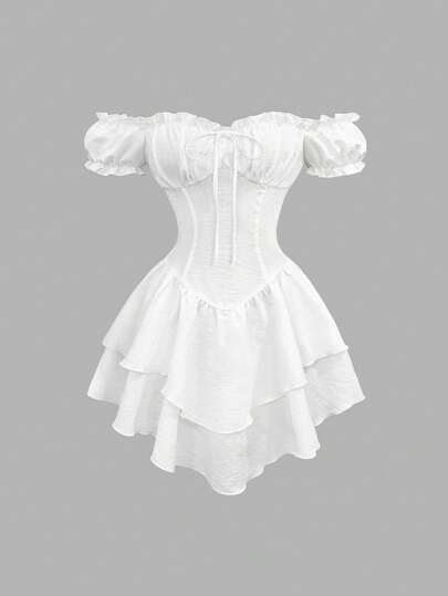 Sweetra Women's Sweet Elegant Cottagecore Romantic White Party Picnic Garden Party Dress Off-Shoulder Puff Sleeve Back Drawstring Waist Asymmetric Ruffle Hem