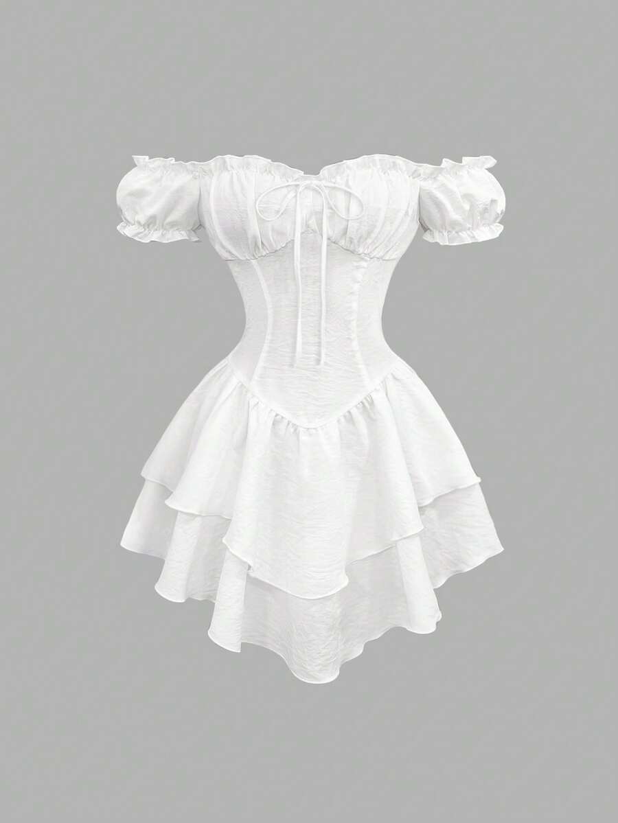 Sweetra Vestido corto romántico y dulce para mujer, con hombros descubiertos, mangas abullonadas, cintura con cordón, bajo asimétrico con volantes, elegante y refinado vestido blanco para fiestas y citas en primavera/verano - Blanco - Ver 1