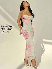 SHEIN PETITE 女士性感低胸露背吊带连衣裙，粉色花卉印花，修身显瘦。优雅性感的夏日度假装 - 粉色 - 查看 8