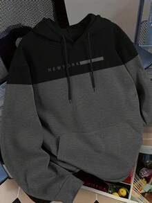 SHEIN Men's Contrast Color Drawstring Hooded Casual Pullover Sweatshirt - Multicolor - View 1