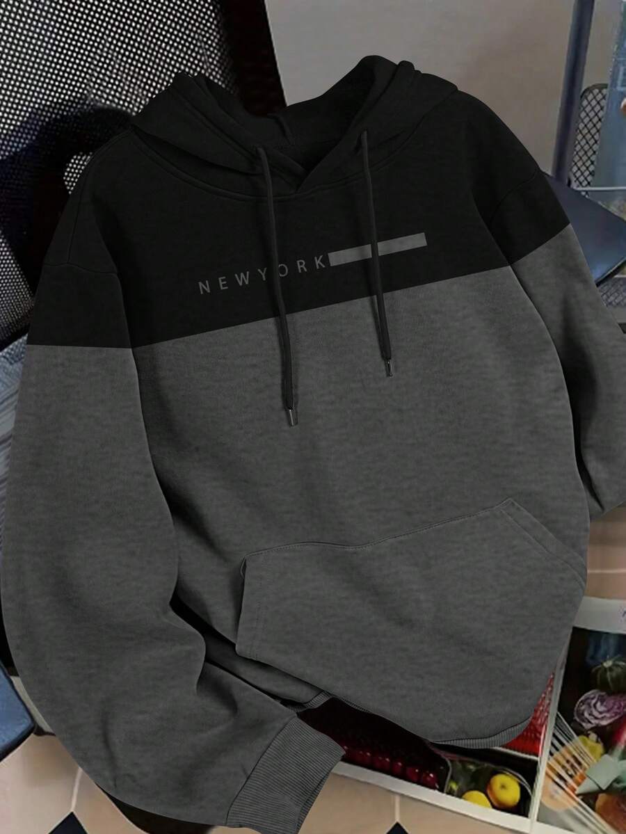 SHEIN Men's Contrast Color Drawstring Hooded Casual Pullover Sweatshirt - Multicolor - View 1
