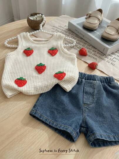 Cozy Pixies 2pcs/Set Baby GirlSummer White Knit Jacquard Strawberry Vest & Elastic Waist Denim Shorts Outfit Summer Toddler Sets Summer Clothes Sets For Baby Girls Toddler Strawberry Outfit Baby Clothes Strawberry Toddler Jean Shorts Set