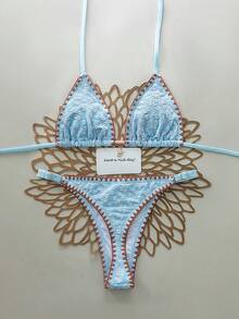 Swim Mod Set Bikini Segitiga Motif Bunga Biru Muda Gaya Boho 2 Potong untuk Wanita, Bordir Bunga Daisy Buatan Tangan, Hiasan Bintang Laut, Pakaian Renang Elastis untuk Liburan Pantai Musim Panas, Liburan - Biru - View 6