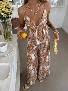 DAZY 女士V领收腰印花休闲度假沙滩宽松上衣和直筒裤两件套，春夏波西米亚风 - 咖啡棕 - 查看 4