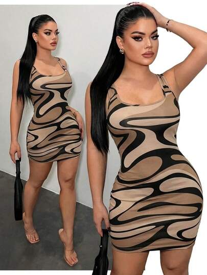 SHEIN SXY Plus Size Women Floral Print Square Neck Bodycon Cami Dress