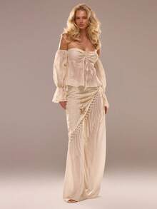 MUSERA 露肩编织褶皱飘逸上衣 夏季度假海滩伊比沙岛可爱节日优雅樱桃月 - 杏色 - 查看 5