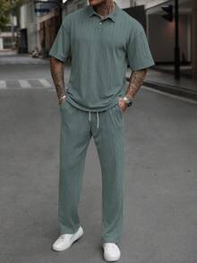 Manfinity Homme Men's Knitted Textured Fabric Polo Shirt And Pants Set - Green - View 4