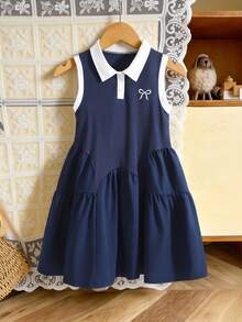 1件少女蝴蝶结刺绣Polo衫领褶皱下摆无袖连衣裙 - 藏蓝色 - 查看 1