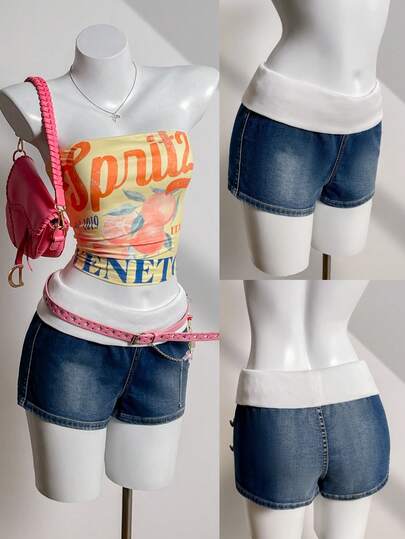 Elamini Women's Casual Patchwork Denim Shorts, Versatile For Daily Wear