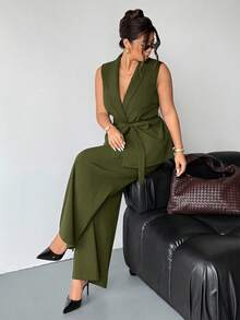 Firerie Plus Size Women Solid Color Shawl Collar Belted Sleeveless Blazer And Pants Casual Commuter 2 Pieces Set Brown Jumpsuit Women Plus Size Formal Jumpsuit Brown Two Pieces Set Women 2 Piece Sets Woman Classy Maternity Clothes Two Pieces Suits Autumn Winter Clothes For Women - Green - View 2