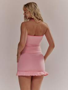 MUSERA 印花“Ciao Bello”修身无肩带抹胸荷叶边迷你裙套装，春夏可爱少女风，适合度假、海滩、日常休闲穿着。 - 粉色 - 查看 2