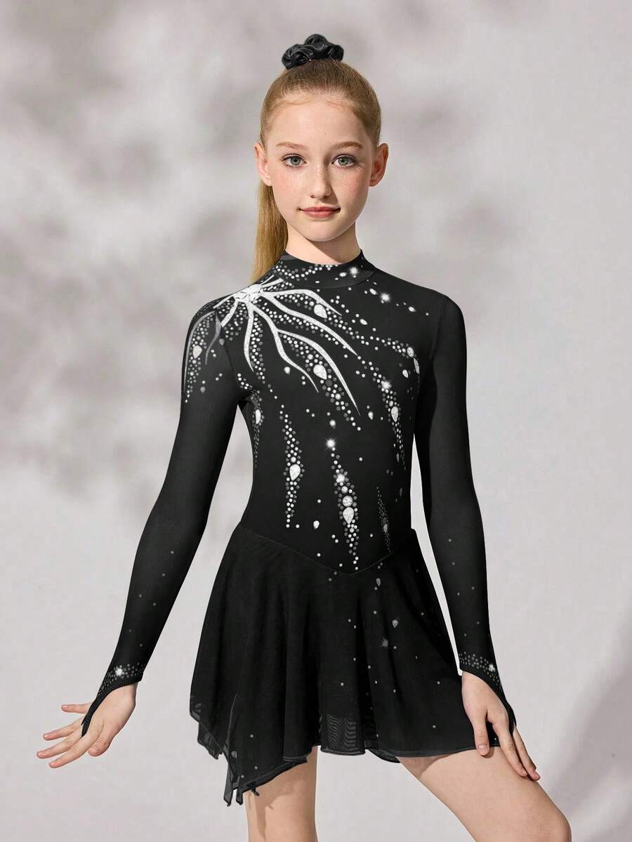 Tween Girls Figure Skating Dress, Black With Sparkly Floral Print, High Stretch Fitted Design, Smooth Flowing Mesh Skirt - Black - View 1