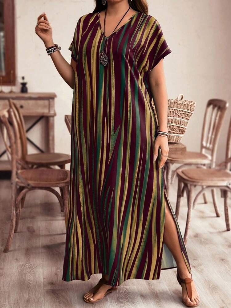 Plus Size Women's Striped Color Block Side Reflected Color Striped Maxi Long Beach Dress For Vacation Women's Summer Dresses Women Holiday Dress Summer Dress Summer Outfits Summer Clothes Spring Dress Spring Outfit Women Spring Clothing Country Style For Women Country Dress For Women Vacation Outfits Women Festival Outfits For Women Beach Outfits For Women