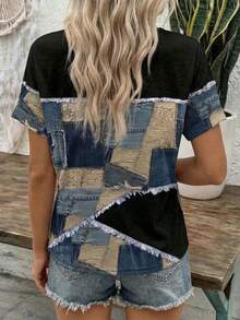 夏季牛仔印花拼接V领插肩袖T恤 - 彩色 - 查看 2
