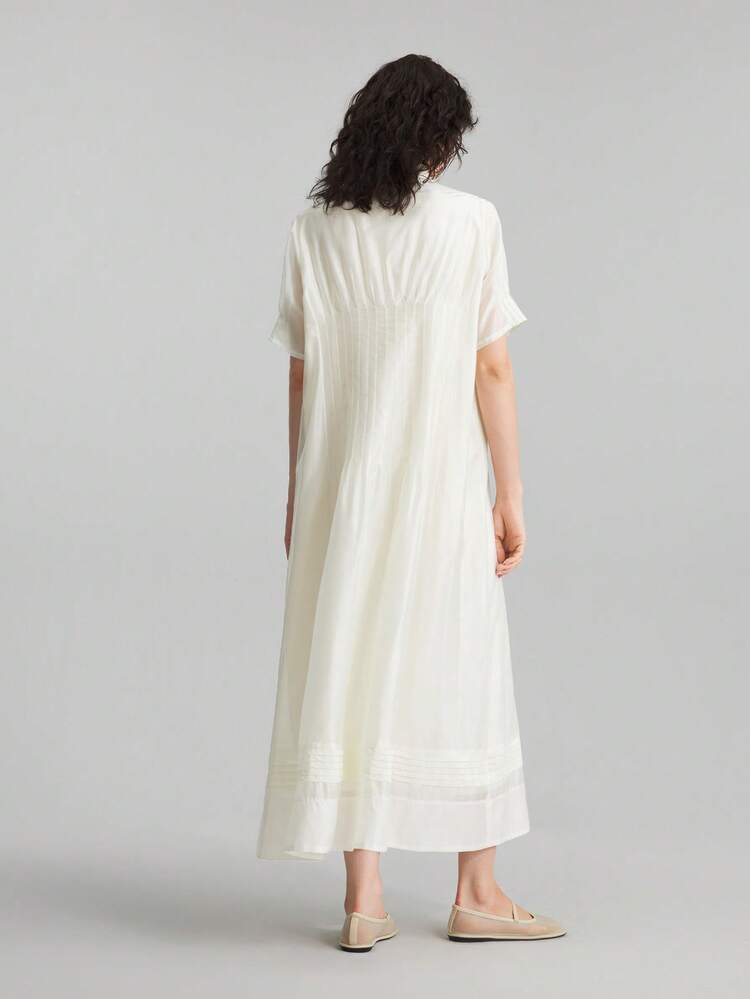2026SS New Summer Women's Solid Color Short Sleeve Pleated Single-Breasted Casual Long Dress, Elegant Outfit For Teachers, Graduation, Vacation, Holidays, Parties, Valentine's Day, Weddings, Versatile Long Dress For Women