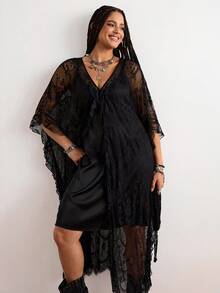 Freevana 波西米亚风春夏新款音乐节蕾丝薄纱连衣裙，V领荷叶边宽松罩衫，层叠度假风优雅长裙 - 黑色 - 查看 6