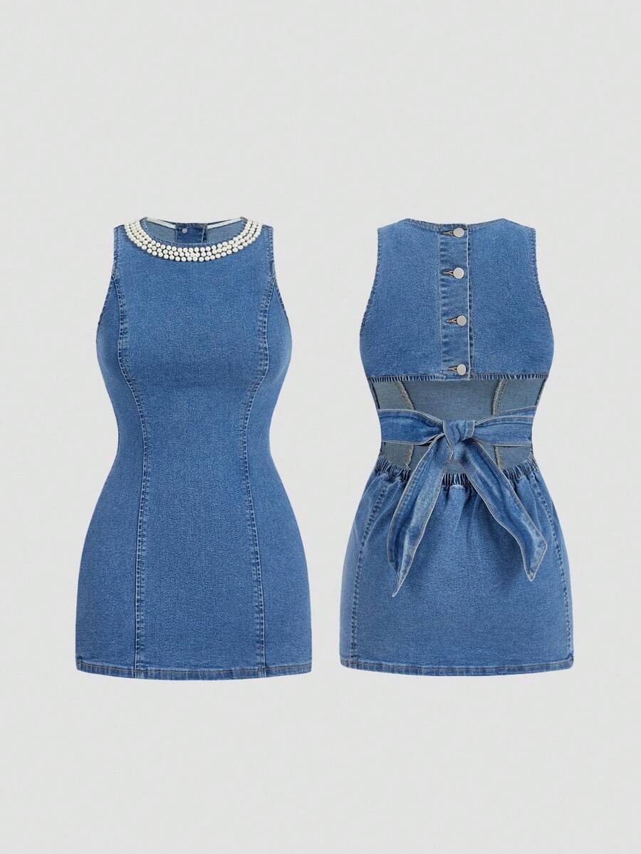 Sweetra Damen Lässig Kleid aus Denim mit Rundhalsausschnitt, ärmellos, figurbetonend, mit Perlenbesatz, Sommer - Helle Waschung - Übersicht 1