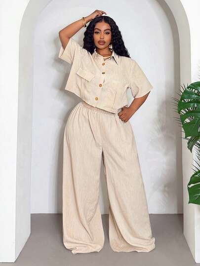 Slaydiva Plus Size Summer Casual Solid Color Shirt And Pants 2 Pieces Set